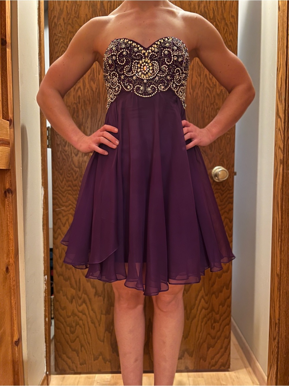 Sherri Hill Strapless Beaded A-Line Cocktail Dress in Deep Purple
